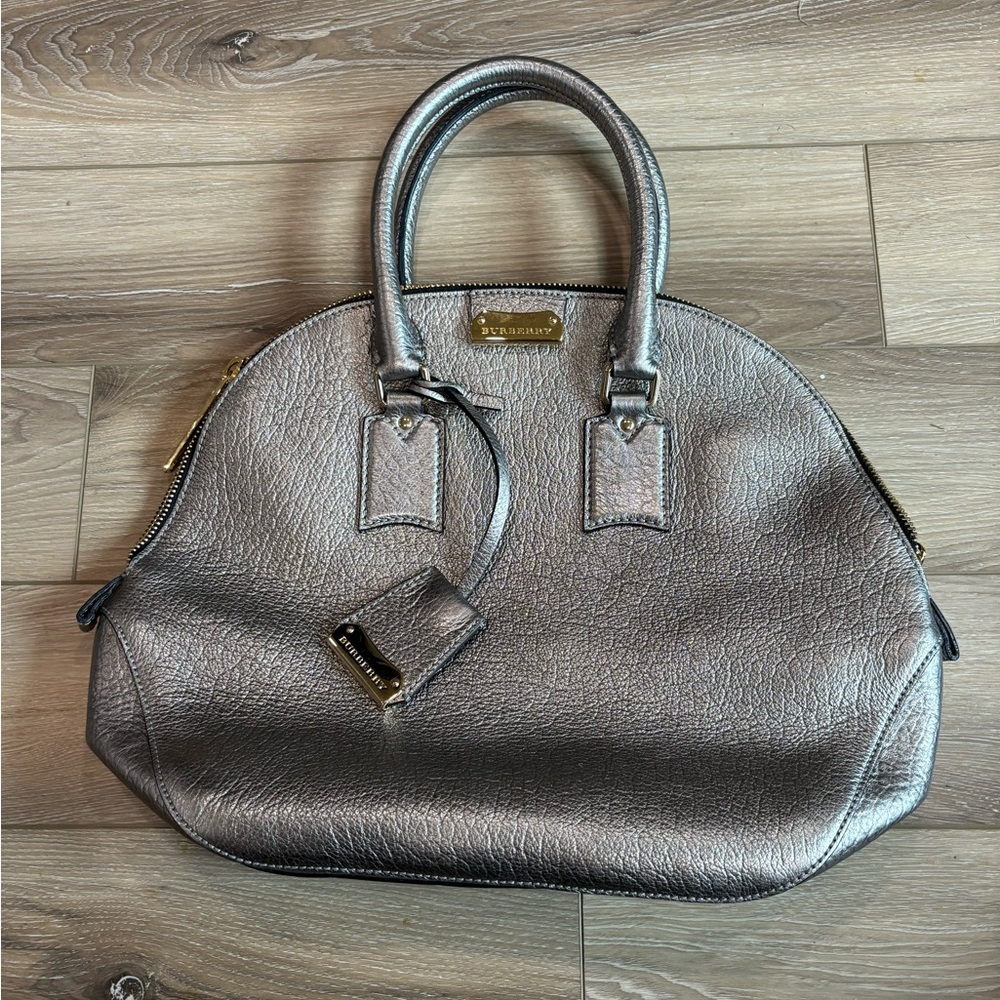 BURBERRY Metallic Silver Leather Orchard Bowler Bag